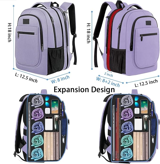 MATEIN Travel Backpack for Women, Expandable 15.6 inch Laptop Backpack | Anti Theft Computer Bag, Water Resistant Material, 29.5 - 36.8L, College, Business, Gift for Adults, Light Purple