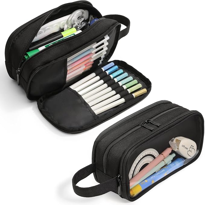 SUNEE Large Capacity Pencil Case with 3 Compartment, Extra Big Pencil Pouch, Pencil Bag with Clear Window, Pen Case School Supplies for Teens Adults Girls Boys, Black