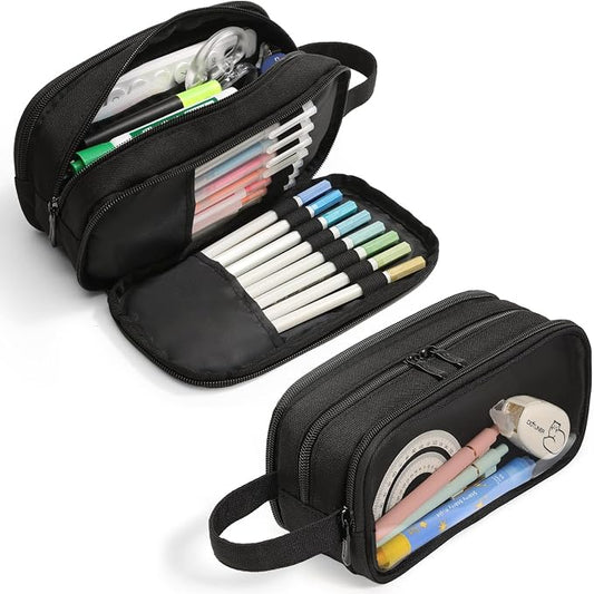 SUNEE Large Capacity Pencil Case with 3 Compartment, Extra Big Pencil Pouch, Pencil Bag with Clear Window, Pen Case School Supplies for Teens Adults Girls Boys, Black