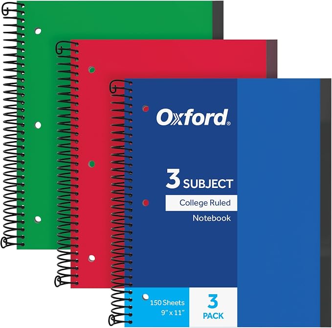 Oxford Spiral Notebook 3 Pack, 3 Subject, College Rule, Durable Plastic Covers, Strong Coil, 3 Durable Pockets, 8.5 x 11, 150 Sheets,3 Pack, Blue, Red, Green (89803)