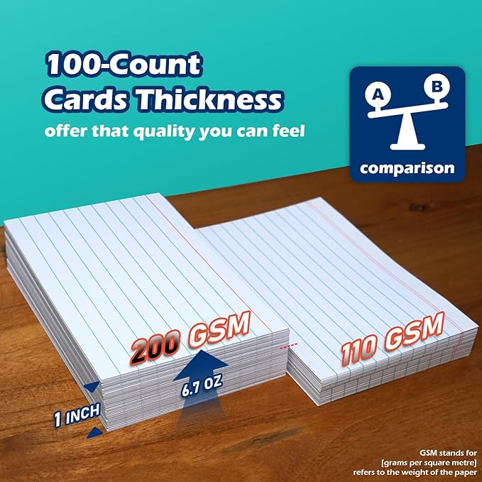 Index Cards 3x5 Lined Ruled Flash Note Cards 3" x 5", White, 200 Count, 200 GSM Heavy Weight
