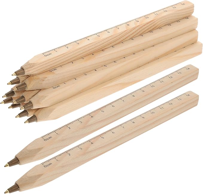 OSALADI 12pcs Black Ink Wooden Ballpoint Pens with Ruler Printing Biodegradable Carpenter Signature Pens for Office and Construction Use