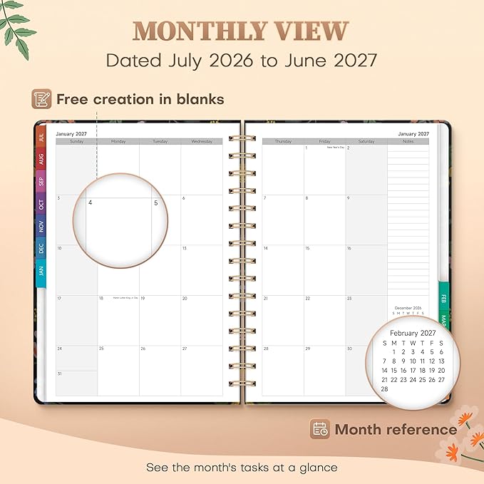 Planner 2026-2027 Monthly and Weekly Academic Planner July 2026 - June 2027, Hardcover Calendar 2026-2027 Agenda Daily Planner for Student Teacher School Office Supplies, 6" x 8.3", Vintage Floral