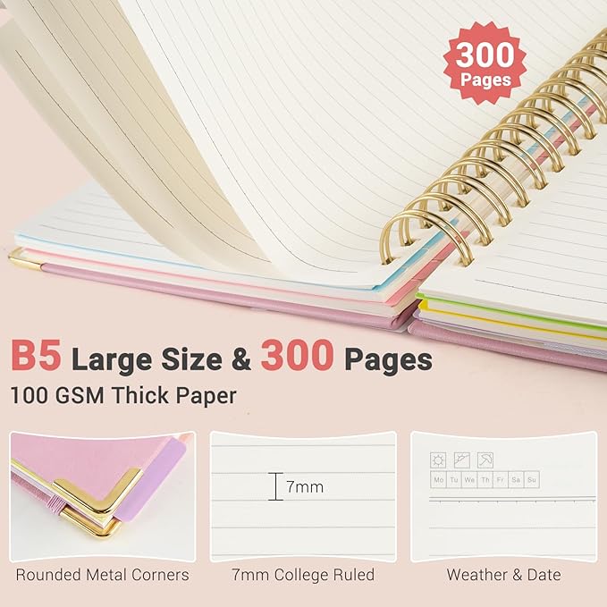 Hardcover Spiral Journal Notebook, 300 Pages 5 Subject Notebook College Ruled with Removable Dividers Tabs, 8" x 10" Notebooks for Work, Spiral Ruled Lined Writing Journal, Hardcover Leather Notebook for School (Pink, 8''x 10'')