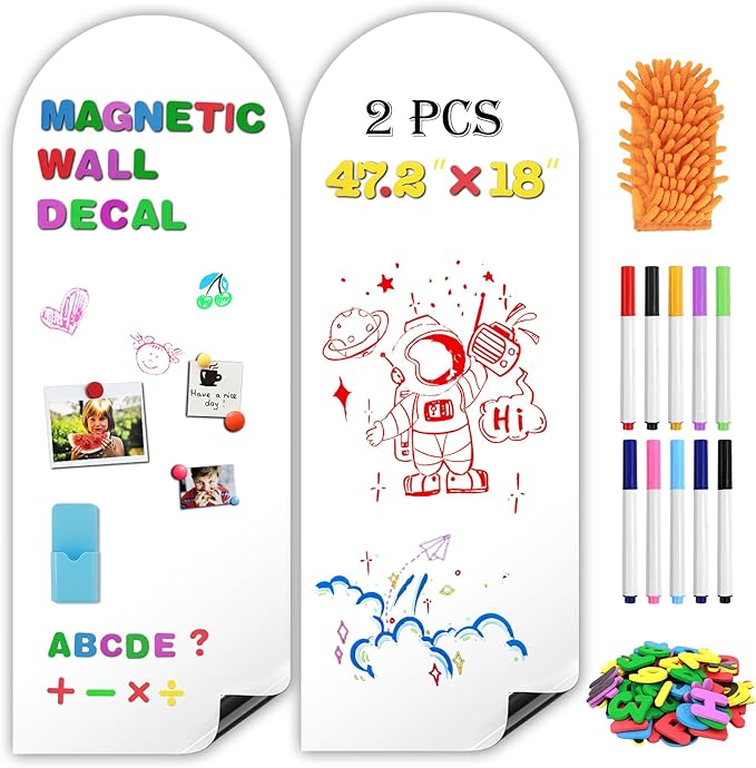 2Pcs Magnetic Whiteboard for Wall, 47.2" x 18" Magnetic Arch Wall Decal Self Adhesive Blackboard Wallpaper Peel and Stick Chalk Board Wall Decal Roll for Home Playroom Classroom
