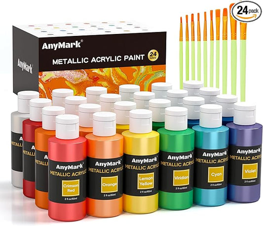 AnyMark Metallic Acrylic Paint, 24 Colors with 10 Brushes, 2 fl oz/60ml Bottles, Glitter Acrylic Paint Set for Kids Adults Canvas, Rock, Wood