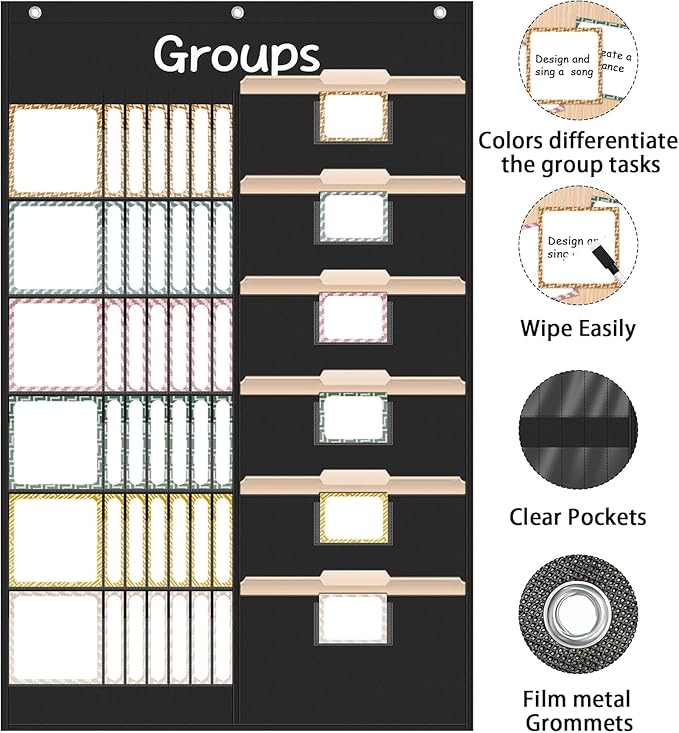 Small Group Management Pocket Chart for School, Class Jobs Chart with 48 Pockets & 84 Cards, Small Group Organizer for Classroom, Teacher Supplies (Black)