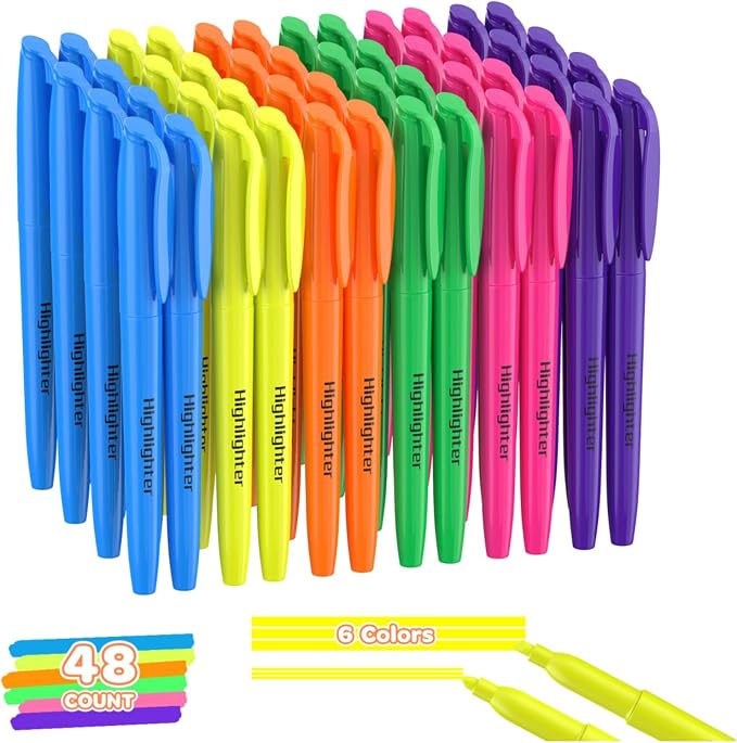 48 Count Highlighters Bulk - 6 Assorted Bright Colors, Chisel Tip, No Bleed & Quick Dry, Ideal for Note Taking, Studying, School, Office, Student & Teacher Supplies