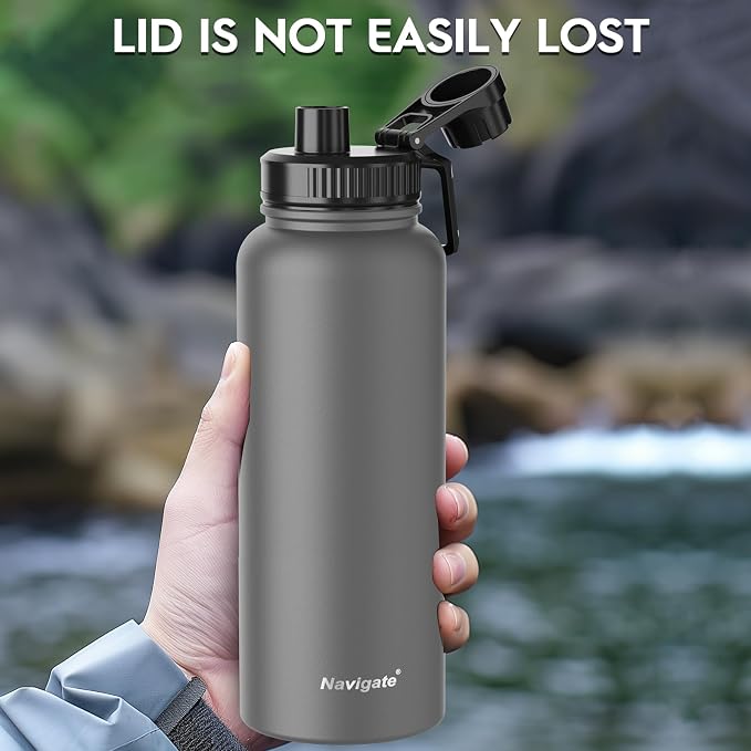Navigate 40oz Insulated Water Bottle for Sports, Keep Cold 24H | 2-in-1 Spout and Handle Lids, Double Leak-Proof, 18/8 Stainless Steel, BPA-Free, Wide Mouth for Gym and Hiking,Grey