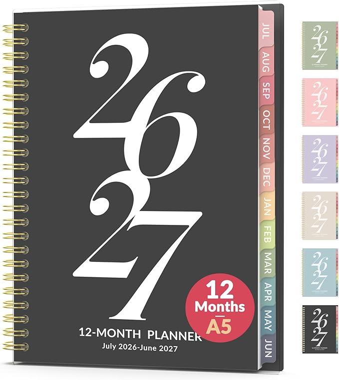 Forvencer Planner 2026-2027, July 2026 - June 2027, 6.3" x 8.4" Academic Planner Monthly and Weekly Calendar Planner with Spiral Bound, Month Tabs, Flexible Cover for School Office (A5, Black)