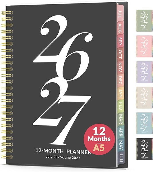 Forvencer Planner 2026-2027, July 2026 - June 2027, 6.3" x 8.4" Academic Planner Monthly and Weekly Calendar Planner with Spiral Bound, Month Tabs, Flexible Cover for School Office (A5, Black)