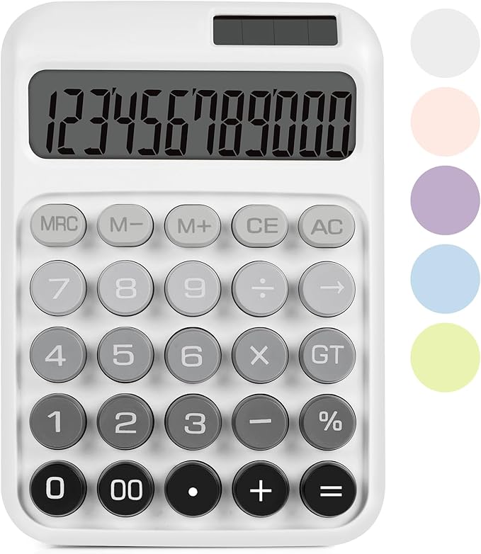 Mechanical Switch Calculator with Big Buttons, Calculators Desktop, 12 Digits, Solar Battery Power, Desk Calculator, Large LCD Display,Cute White Calculators for Teachers Students Basic Office