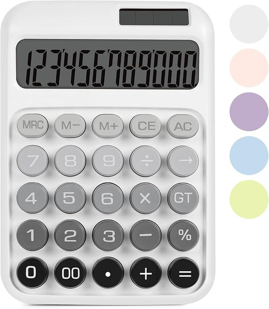 Mechanical Switch Calculator with Big Buttons, Calculators Desktop, 12 Digits, Solar Battery Power, Desk Calculator, Large LCD Display,Cute White Calculators for Teachers Students Basic Office