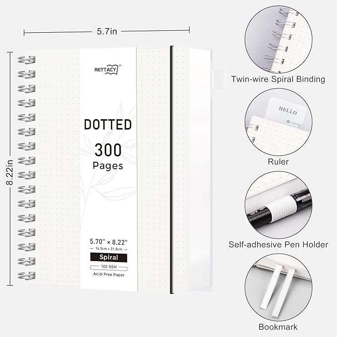 RETTACY Dotted Journal Notebook, 300 Pages, A5 Medium Size (5.7'' × 8.2''), 100 GSM Thick Paper, Flexible Plastic Cover, Spiral-bound, for Journaling, Planning, Tracking (Transparent)