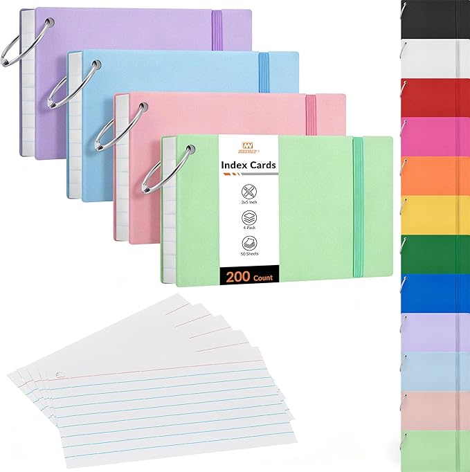 NEEWAY Ruled Index Cards with Ring 3x5 Inches, 200 Count Note Cards Lined, Flash Cards with Rings for Studying, Home and Office (Pastel)