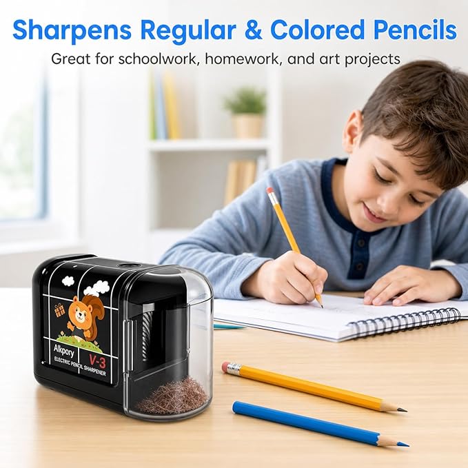 Battery Operated Electric Pencil Sharpener for Kids, Auto Stop Safety Switch, Fast Pencil Sharpener for No.2 and Colored Pencils, Portable Desk Sharpener for School, Home, Office, Black