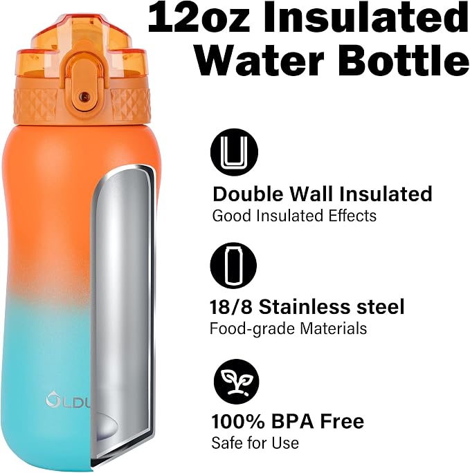Oldley Insulated Water Bottle 12oz Kids Water Bottles with Straw, Stainless Steel Water Bottle with 2 Lids,Double Wall Vacuum Bottle, Leak-Proof Sport Bottles for School Travel, Ombre Orange-green