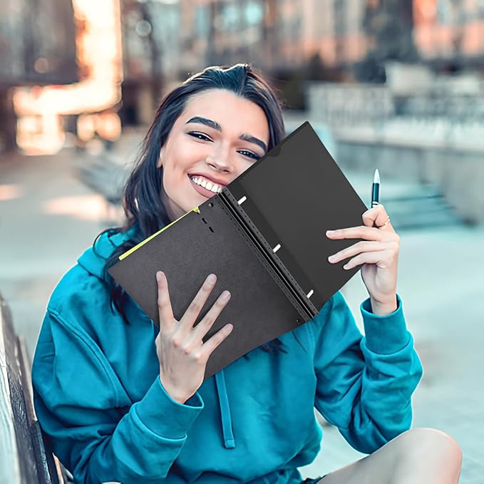 INFUN All-in-one Telescoping Binder Notebook, Refillable 3 Ring Notebook Binder with 1 Plastic Movable Pocket Folder,5 Plastic Subject dividers and Graph Paper and College Ruled Paper- Black