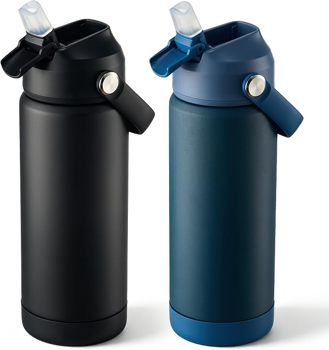 Fijinhom 18 oz Insulated Water Bottle with Straw Lid, Stainless Steel Water Bottles, Double Wall Vacuum, Portable Handle & Non-slip Bottom, BPA Free Leak Proof Metal Bottles (Black+Dark Blue, 2pack)