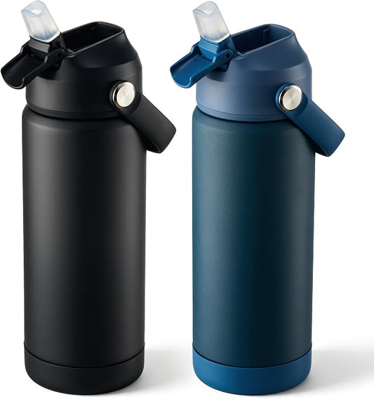 Fijinhom 18 oz Insulated Water Bottle with Straw Lid, Stainless Steel Water Bottles, Double Wall Vacuum, Portable Handle & Non-slip Bottom, BPA Free Leak Proof Metal Bottles (Black+Dark Blue, 2pack)