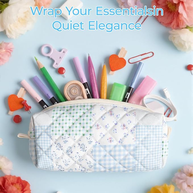 Cute Quilted Pencil Case for Women, Aesthetic Small Floral Pencil Pouch, Slim Soft Pencil Bag for Stationery Supplies & Daily Use（Green Blue Patchwork）
