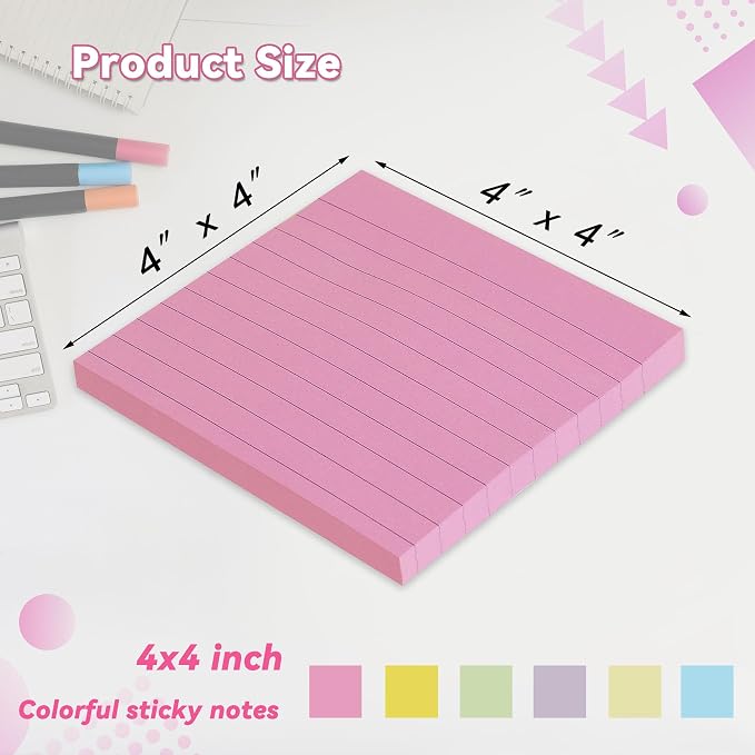 12 Pack Lined Sticky Notes 4x4 in, Pastel Colors Self- Stick Note Pads Its