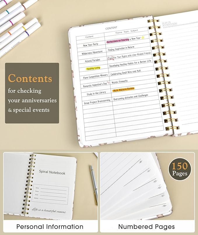 PAPEJOON Lined Spiral Journal Notebook for Women, A5 Cute Hardcover Spiral Journals for Work, Note Taking, 150 Numbered Pages 100 GSM College Ruled Spiral Bound Notebook, 5.75" x 8.38", Pink Speckles