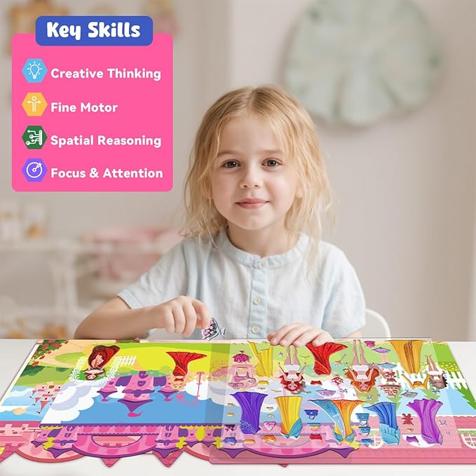 3D Reusable Puffy Sticker Activity Books, 190+ Fun Craft Princess Stickers for Kids, Car Travel Activities Essential, Screen-Free, Christmas Birthday Gifts for 3+ Year Old Girls