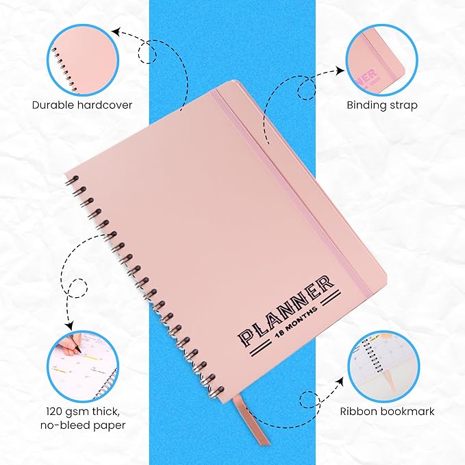 Undated Monthly Planner 2026 2027-18 Month Calendar Planner Book for School, Office and Home - Simplified Hardcover Blank Planners for Goals, Tasks and Dates - B5 Pink