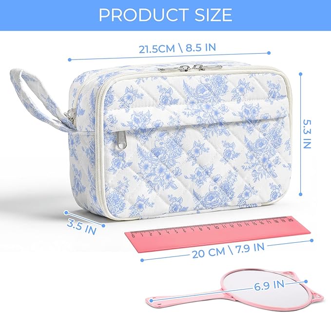 WOBAGMEN Quilted Pencil Pouch for Girls Women, Large Pencil Case Pouch with Compartments Cute Aesthetic Pencil Case Organizer, Floral Pencil Bag for School Supplies (Elegant Blue Floral)