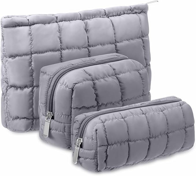 Huhumy 3 Pcs Puffy Makeup Bag Quilted Cosmetic Pouch for Women Cute Checkered Travel Toiletry Bag Puffer Makeup Organizer Purse Pouch Preppy Pencil Case with Zipper