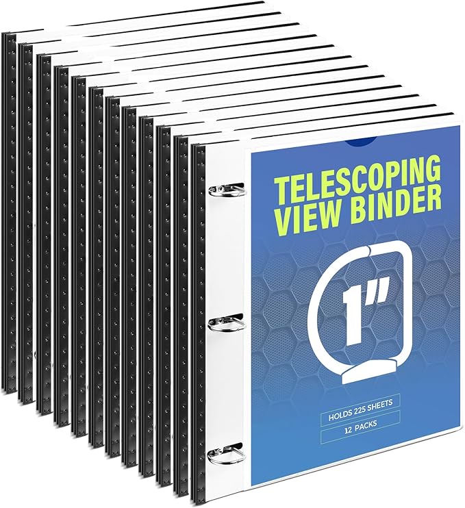 WOT I 12-Pack Telescoping 3 Ring Binder 1 Inch, Expandable Flexible Binder - Patented Design for Easy Portability, Holds 8.5"x11" Paper, Perfect for School, Office&Home Organization, White