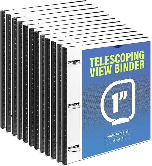 WOT I 12-Pack Telescoping 3 Ring Binder 1 Inch, Expandable Flexible Binder - Patented Design for Easy Portability, Holds 8.5"x11" Paper, Perfect for School, Office&Home Organization, White