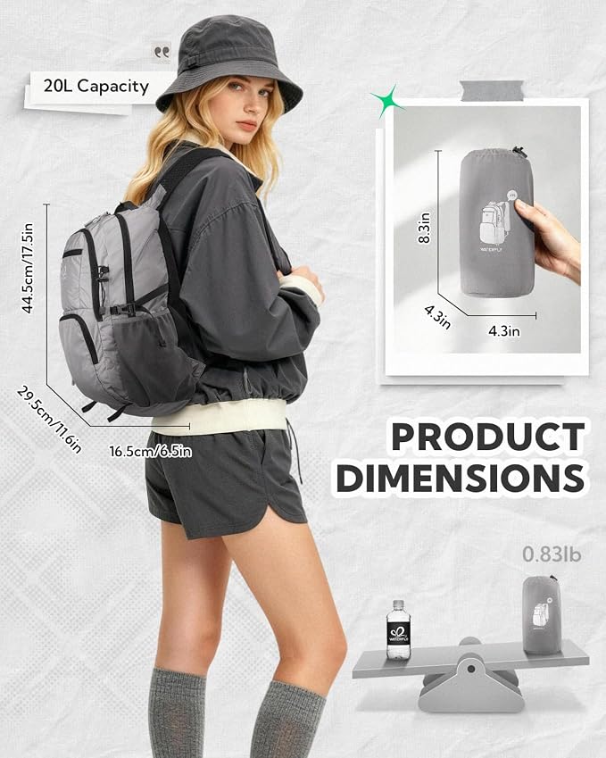 WATERFLY Packable Hiking Backpack, 20L Small Lightweight Foldable Daypack | Phone Pocket, Only 3 Steps Foldable, Breathable Shoulder Strap, Comfortable Folding Bag Pack for Women Men Travel Outdoor