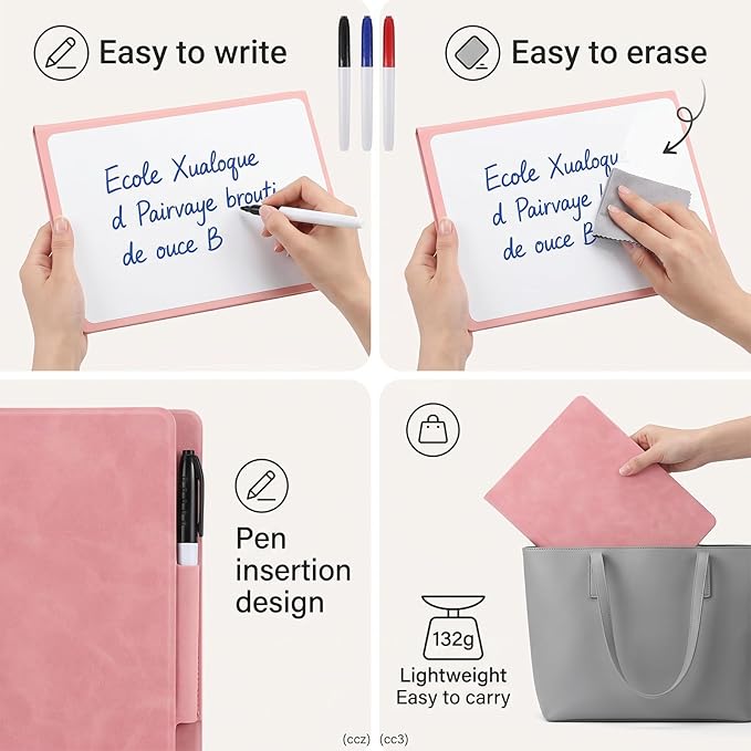 Portable White Board Dry Erase Small, Reusable White Board with 3 Colors Fineliner Pens Foldable Pink Pu Cover Handheld Whiteboard for Meeting Business Office 9.64x6.7 Inch