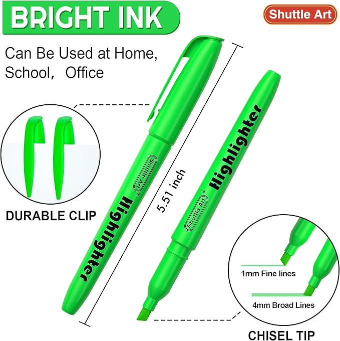 Shuttle Art Highlighters, 30 Pack Green Highlighter Pens Bright Colors, Chisel Tip Dry-Quickly Non-Toxic Highlighter Markers for Adults Teachers Students Highlighting in Home School Office