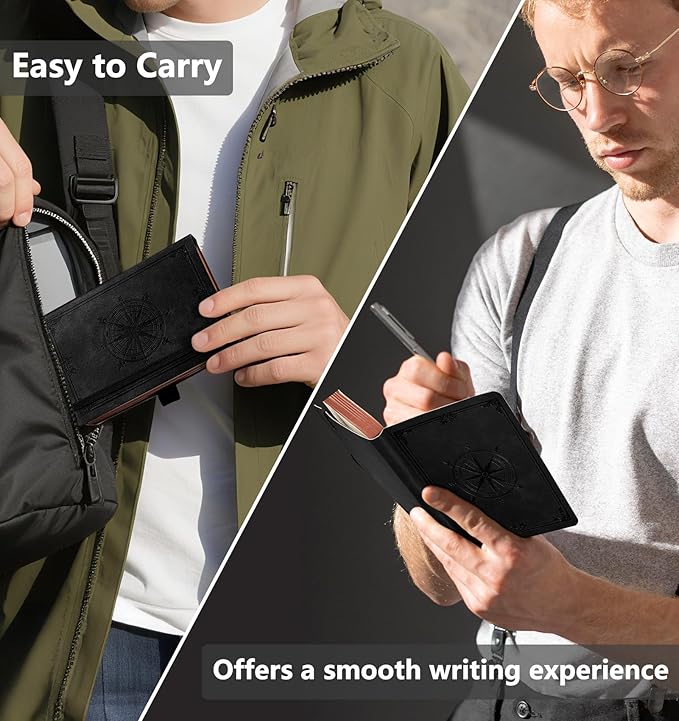 AHGXG Small Lined Pocket Journal Notebook for Men - 256 Numbered Pages College Ruled B6 Mini Journal, Vintage Soft Leather Hardcover, 80gsm Paper, for Women Work Office School, 4.1'' X 5.7''- Black