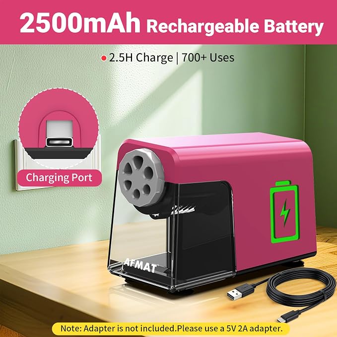 AFMAT 6-Hole Electric Pencil Sharpener for Classroom, Cordless & Rechargeable, Heavy Duty Pencil Sharpeners for 6-11mm Colored Pencils, Auto Stop, Super Fast, 10,000+ Sharpenings, Battery Powered PSD1