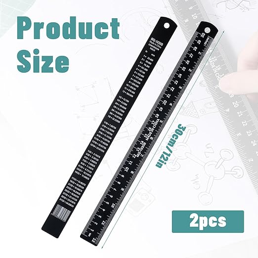 2 Pack Metal Ruler, 12 Inch Black Straight Edge Rulers Metric Ruler Laser Engraved Dual Scale Aluminum Rulers with Millimetre, Inches Conversion Table for Office Drafting Geometry Crafting