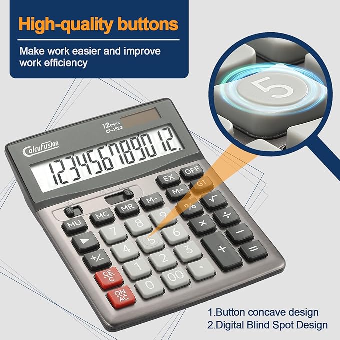 Desktop Calculator 12 Digit with Large LCD Display Big Buttons Basic Standard Function Solar Calculator with Battery Desk Calculators for Office School Home CF-1523