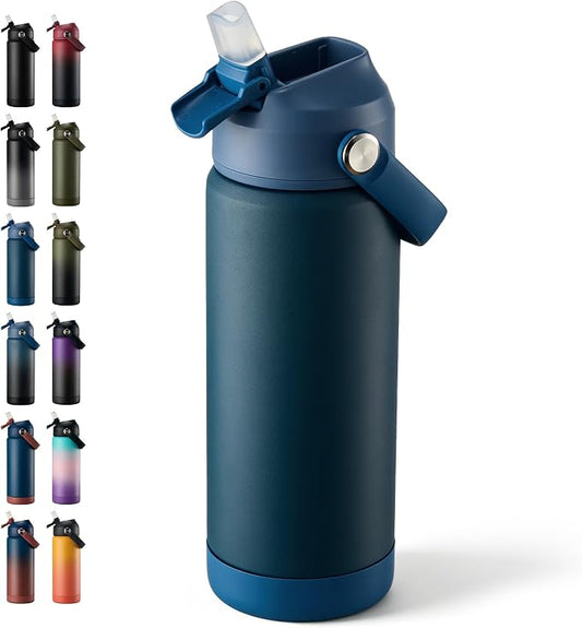 Fijinhom 18 oz Insulated Water Bottle with Straw Lid, Stainless Steel Water Bottles, Double Wall Vacuum, Portable Handle & Non-slip Bottom, BPA Free Leak Proof Metal Bottles, Keep Cold 24H, Dark Blue