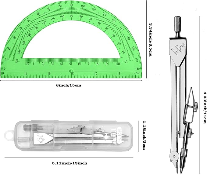 Students Geometry Math Set, Drawing Compass and 6 Inch Transparent Swing arm Protractor 180 Degree Math Protractor (Green)
