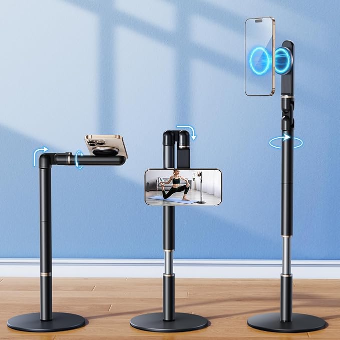 Angle Height Adjustable Magnetic Phone Stand for Desk [10"-25"] - Retractable Cell Phone Holder for Video Recording Cooking Excising Working -Aluminum iPhone 17 16 15 14 Pro Max Air Stand