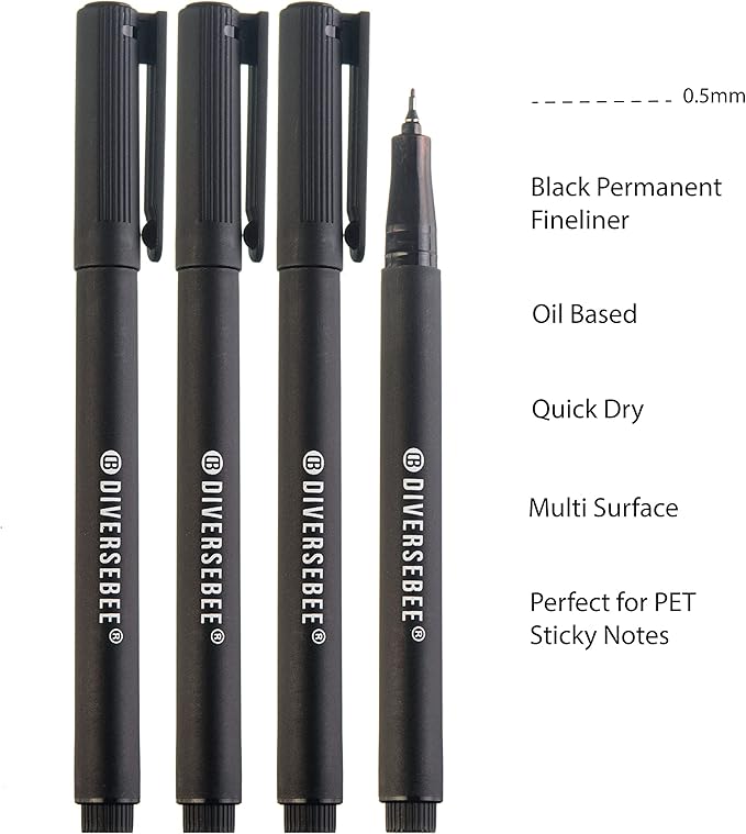 DIVERSEBEE Fine Tip Permanent Pens, 4 Pack Quick Dry Markers, Transparent Sticky Notes Writing Pens, Office School Art Supplies, Black Oil Based Fineliners