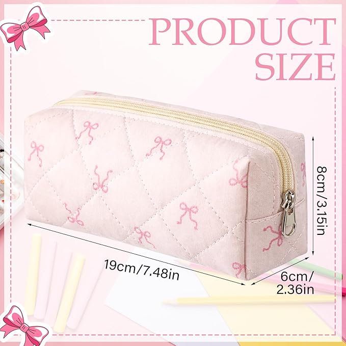 Sherr Coquette Bow Pencil Case Pink Bow Cute Pencil Pouch Soft Cotton Storage Bag Aesthetic Pattern Gift Makeup Pouch Cosmetic Travel Bag for Women