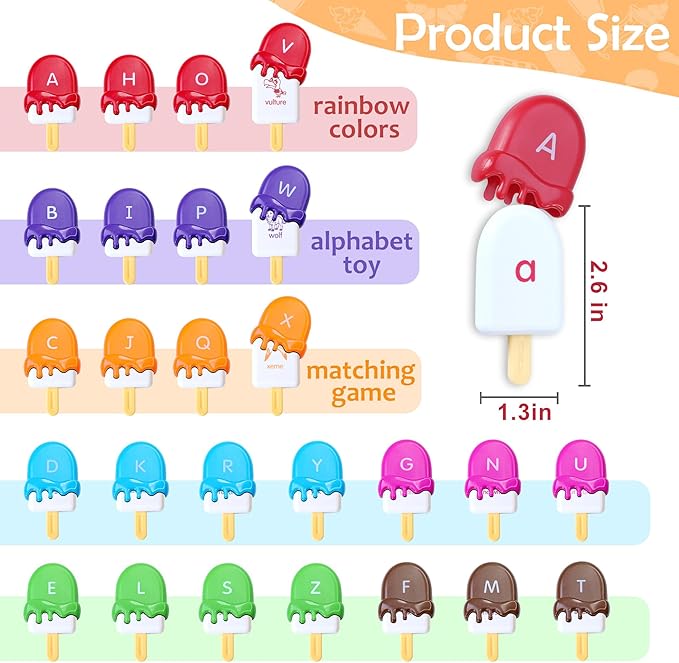 USATDD ABC Alphabet Learning Toys Alphabet Popsicles Animal Matching Toy Uppercase Lowercase Preschool Learning Activities Montessori Toys Gifts for Kids Toddlers, 52 Pcs
