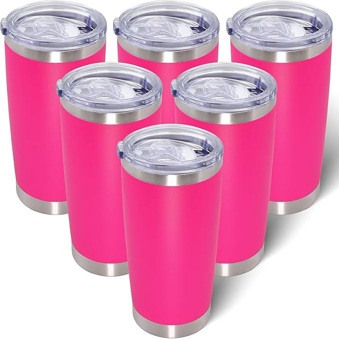 AIANJI 20oz Tumbler Bulk Stainless Steel Tumblers with Lid Vacuum Insulated Double Wall Travel Coffee Mug Powder Coated Tumbler Cup for Hot and Cold Drinks(Hot Pink, 6 pack)