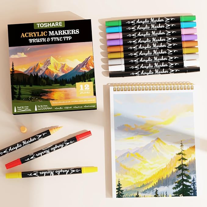 12 Colors Precision Dual Tip Acrylic Paint Markers Pens - Brush & Fine