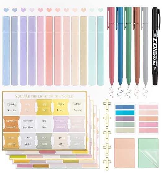 Bible Journaling Kit, Colored Bible Study Supplies, 12 Pastel No Bleed Highlighters and 5 Colored Pens, Transparent Sticky Notes and Bible Tabs Set and More, Book Annotation Kit for Women & Men
