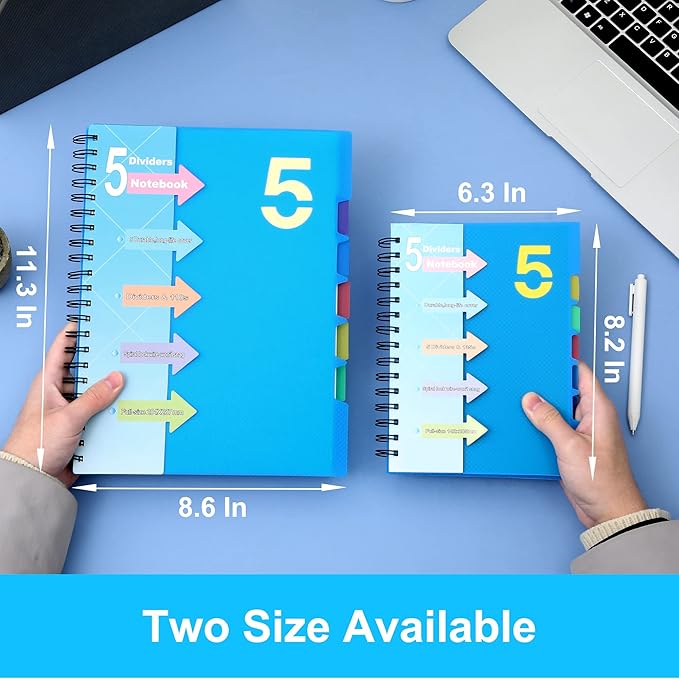 CAGIE 5 Subject Notebook 8.5 x 11，A4 Spiral Notebooks College Ruled Spiral Notebook with Dividers Tabs，220 Pages Lined Spiral Notebook for Note Taking, School, Work, Blue